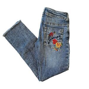 Guess Kids Jeans Size Girls 10 Floral Embroidered Straight Denim Logo Raw Hem
